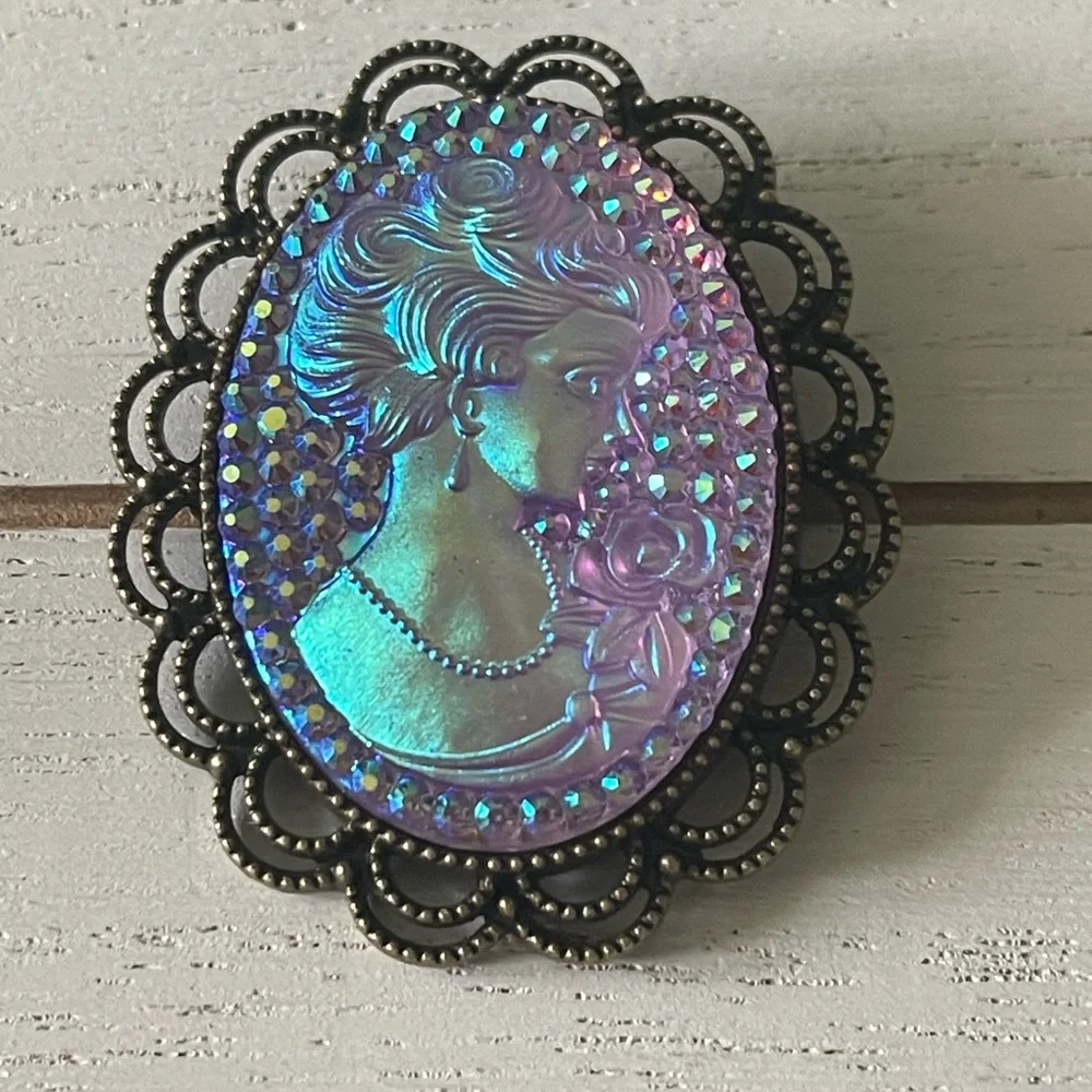 Iridescent Purple, Pink, Woman Victorian, Cameo Statement Brooch, Lapel Pin